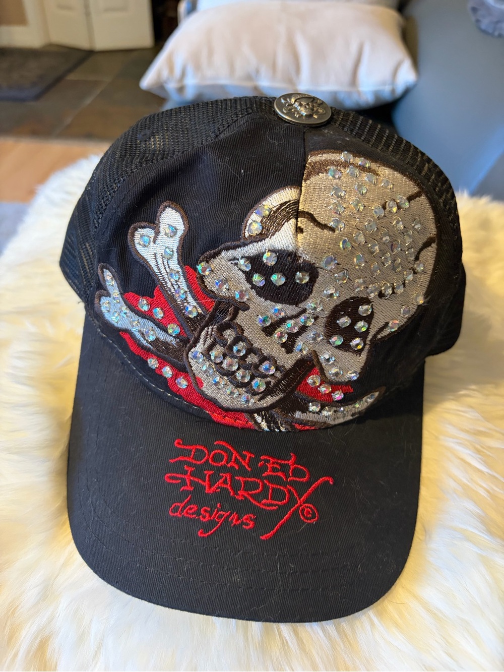 Ed Hardy Black Embellished Skull Cap by Don Ed Hardy